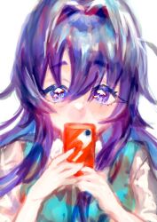 Rule 34 | 1girl, 8 oee, blue eyes, blue hair, cellphone, collared shirt, covering own mouth, flower in eye, green sweater vest, hair between eyes, hair intakes, hands up, holding, holding phone, kimi no koto ga dai dai dai dai daisuki na 100-nin no kanojo, long hair, looking at viewer, neck ribbon, ohananomitsu high school uniform, phone, profile, ribbon, school uniform, shirt, side ahoge, simple background, smartphone, solo, sweater vest, symbol in eye, wavy hair, white background, white shirt, yoshimoto shizuka