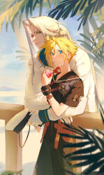 2boys alternate_costume alternate_hairstyle arms_around_waist black_pants black_sailor_collar blonde_hair blue_sailor_collar blue_sky blurry blush chest_strap cloud cloud_strife cloud_strife_(maritime_sailor) cloudy_sky commentary_request cup depth_of_field drink drinking_straw drinking_straw_in_mouth final_fantasy final_fantasy_vii final_fantasy_vii_ever_crisis gloves green_eyes grey_hair hair_intakes hat height_difference highres holding holding_cup holding_unworn_clothes holding_unworn_hat leaning_forward lily_(shio1006) long_bangs long_hair long_sleeves looking_to_the_side male_focus multiple_boys official_alternate_costume outdoors palm_leaf pants parted_bangs ponytail sailor sailor_collar sailor_hat sephiroth short_hair short_sleeves sky sleeve_cuffs smile spiked_hair sweat tropical twilight unworn_hat unworn_headwear upper_body white_gloves yaoi