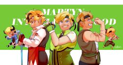 5boys absurdres animal_ears bad_id bad_twitter_id bandana biceps blonde_hair blue_eyes brown_vest creator_connection fingerless_gloves flexing furry furry_male gloves green_background green_gloves green_jacket grin highres holding holding_sword holding_weapon horns inthelittlewood inthelittlewood_(datastream_defender) jacket letterboxed limited_life_smp long_sleeves male_focus mellozheist minecraft_sword minecraft_youtube mini_person miniboy mouse_boy mouse_ears multiple_boys multiple_persona new_life_smp official_alternate_costume pirates_smp pointy_ears rats_smp scar scarf shirt short_hair short_sleeves smile sword traffic_life_series upper_body vest virtual_youtuber weapon white_shirt yogscast