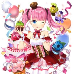 Rule 34 | 1girl, akane garnet, aqua eyes, balloon, bubble, cake, cupcake, dress, food, holding, holding cake, holding food, licking lips, long hair, off-shoulder dress, off shoulder, one eye closed, pink hair, salt (salty), tongue, tongue out, twintails, uchi no hime-sama ga ichiban kawaii
