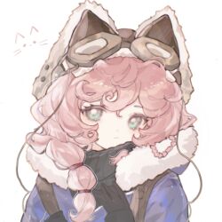 1girl :&lt; aa_huaju_pifa_ma_zong animal_ear_headwear aqua_eyes black_gloves black_sweater brown_hat coat eyewear_strap fake_animal_ears gloves goggles goggles_on_headwear hand_up hat highres long_braid nautika_(reverse:1999) pink_hair purple_coat reverse:1999 solo sweater trapper_hat upper_body white_background