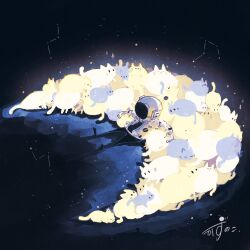 1other artist_name astronaut black_eyes brown_cat cat cat_day commentary constellation crescent glowing glowing_animal grey_cat helmet highres kazunoko_(kazunoko_zunoco) original radio_antenna signature sitting space space_helmet spacesuit star_(sky) too_many too_many_cats whiskers white_cat