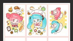 &gt;_&lt; alternate_costume alternate_hairstyle apron baguette black_shoes bread broccoli brocon burger chef_hat chibi chibi_only clone commentary_request dress drill_hair flying_sweatdrops food fried_egg grey_pants grey_shirt hat hatsune_miku kasane_teto korea mini_chef_hat obsolete_meat_(vocaloid) pants red_apron red_eyes red_hair shirt shoes spring_onion sushi tears twin_drills utau vocaloid waffle waist_apron wandu_mook wasabi white_background white_dress white_hat white_pants yellow_background