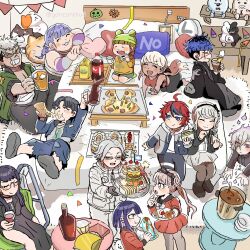 ^_^ amemiya_darumi aotsuki_eito bed black_dress black_hair black_hairband black_haori black_jacket black_pants black_sailor_collar black_shoes blonde_hair blue_eyes blue_hair blue_jacket blue_pants blush_stickers bow bowtie brown_hair cake character_doll closed_eyes cup danganronpa_(series) doll dress everyone fire food ginzaki_shouma glasses green_hat green_jacket grey_hair grey_jacket grey_skirt grin hairband haori hat highres holding holding_cup holding_food holding_pizza holding_plate holding_sandwich holding_tray indoors jacket japanese_clothes kawana_tsubasa kirifuji_nozomi magadori_kyoshika maruko_gaku mojiro_moko monokuma multicolored_hair multicolored_jacket nigeoji3 nigou_(hundred_line) no_shirt omokage_yugamu oosuzuki_kurara open_clothes open_jacket pants party party_popper pink_eyes pizza pizza_slice plate ponytail purple_fire purple_hair red_serafuku sailor_collar sandwich scar scar_on_face school_uniform serafuku shion_(hundred_line) shirt shizuhara_hiruko shoes sirei_(hundred_line) skirt smile soda sparkle stew sumino_takumi sunglasses the_hundred_line_-last_defense_academy- torn_clothes torn_pants tray tsukumo_ima tsukumo_kako two-tone_jacket white_bow white_bowtie white_hair white_jacket white_pants white_shirt yakushiji_takemaru