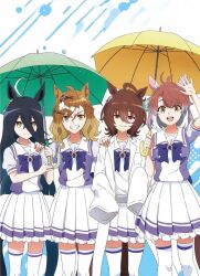 Rule 34 | 4girls, agnes tachyon (umamusume), ahoge, animal ears, arm up, black hair, bow, bowtie, breasts, brown hair, closed mouth, coat, collarbone, dantsu flame (umamusume), dot nose, female focus, flat chest, green eyes, green umbrella, hand on another&#039;s shoulder, highres, holding, holding umbrella, horse ears, horse girl, horse tail, jungle pocket (umamusume), kneehighs, lab coat, long hair, long sleeves, looking at viewer, manhattan cafe (umamusume), miniskirt, multicolored hair, multiple girls, official art, open mouth, orange eyes, pleated skirt, purple bow, purple bowtie, red eyes, red hair, scan, school uniform, serafuku, short hair, short sleeves, skirt, sleeves past fingers, sleeves past wrists, small breasts, smile, socks, tail, teeth, thighhighs, tracen school uniform, two-tone hair, umamusume, umamusume: beginning of a new era, umbrella, upper teeth only, white coat, white serafuku, white skirt, white thighhighs, yellow eyes, yellow umbrella, zettai ryouiki