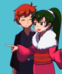1boy 1girl blue_background blue_kimono blush breath closed_eyes eliwood_(fire_emblem) fire_emblem fire_emblem:_the_blazing_blade green_eyes green_hair highres japanese_clothes kimono long_hair lyn_(fire_emblem) nintendo red_hair red_kimono smile yadon0 yukata