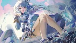 1girl :d absurdres ahoge blue_dress blue_eyes commentary dress dutch_angle floating_hair foot_out_of_frame furina_(genshin_impact) genshin_impact gloves heterochromia highres legs long_hair long_sleeves looking_at_viewer mika_uni open_mouth sitting smile solo splashing surintendante_chevalmarin thigh_strap water white_gloves white_hair
