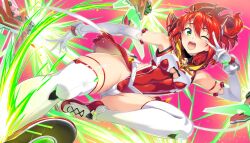 1girl armpits choukou_(alicesoft) choukou_taisen_escalation_heroines clothing_cutout elbow_gloves flying_kick gin_(ginshari) gloves green_eyes highres kicking leotard official_art one_eye_closed open_mouth pleated_skirt red_hair sailor_collar short_hair skirt sonozaki_akari thighhighs twintails underboob_cutout v