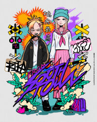 2girls abstract_background animal_ear_headwear animal_ears arms_at_sides artist_name bag bead_necklace beads beanie black_eyes black_footwear black_jacket blonde_hair blood blood_on_clothes blue_headwear blue_skirt bone bruise bruise_on_face character_name cigarette cigarette_butt copyright_name crushed_can delinquent dirty dirty_clothes english_text fake_animal_ears full_body glaring hair_ornament hairclip hand_in_pocket hat highres injury jacket jewelry jimoto_saikou kitty_(jimoto_saikou) leg_warmers loafers long_hair long_skirt long_sleeves looking_at_viewer marijuana mouth_hold multiple_girls name_tag neckerchief necklace no_eyebrows open_clothes open_jacket orange_eyes parted_bangs pink_neckerchief pink_sailor_collar pink_skirt pleated_skirt ponytail railroad_signal rika_(jimoto_saikou) sailor_collar school_bag school_uniform serafuku shirt shoes short_hair short_ponytail side-by-side skirt smoke smoking sota_96 standing sukajan uneven_eyes unworn_bag v-shaped_eyebrows white_shirt wide_ponytail