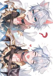 Rule 34 | 1boy, ?, animal ears, antenna hair, armor, black choker, black shirt, blue eyes, cat boy, cat ears, cat tail, choker, coat, collarbone, commentary, dog boy, dog ears, dog tail, highres, honkai: star rail, honkai (series), male focus, multiple views, parted bangs, pauldrons, phainon (honkai: star rail), shirt, short hair, shoulder armor, sideways, simple background, single pauldron, tail, urasozopi, white background, white coat, white hair