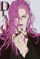 1boy bracelet brown_suit character_name diavolo ear_piercing earrings formal_clothes gold_bracelet gold_earrings green_eyes hagiko15 hair_between_eyes highres jewelry jojo_no_kimyou_na_bouken long_hair looking_at_viewer male_focus piercing pink_hair polka_dot_hair purple_lips ring shirt signature simple_background solo striped_clothes striped_shirt suit upper_body veins veiny_arms vento_aureo white_background