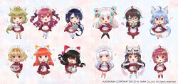 6+girls ahoge animal_ears apron asa_no_ha_(pattern) averting_eyes azuki_nagamitsu_(tenka_hyakken) bad_food black_hair blonde_hair blue_eyes blue_hair chatan_nakiri_(tenka_hyakken) chibi chiganemaru_(tenka_hyakken) chiyoganemaru_(tenka_hyakken) closed_mouth clumsy commentary_request company_name cow_horns cup daihannya_nagamitsu_(tenka_hyakken) dango dark-skinned_female dark_skin drinking_straw fake_horns floral_background flying_sweatdrops food fox_ears fox_tail goou_yoshimitsu green_eyes hair_flaps hair_ornament hair_ribbon hair_stick hand_up headband heart highres holding holding_cup holding_notepad holding_plate holding_skewer holding_tray horns jewelry jouizumi_masamune kannagiri_nagamitsu_(tenka_hyakken) kuwana_gou_(tenka_hyakken) light_blue_hair long_hair magatama magatama_hair_ornament magatama_necklace maid maid_apron maid_headdress mask mother_and_daughter multiple_girls murasame_sukehiro_(tenka_hyakken) musical_note necklace notepad notice_lines okanoyuno oni_mask open_mouth orange_eyes orange_hair plate purple_eyes purple_hair red_eyes red_hair ribbon sanshoku_dango scarf short_hair siblings sisters skewer smile soboro_sukehiro_(tenka_hyakken) sparkle squiggle standing standing_on_one_leg star_(symbol) steam sweets tail teacup tenka_hyakken thighhighs tray tsuda_echizen-no-kami_sukehiro twintails wa_maid wagashi white_hair yellow_eyes
