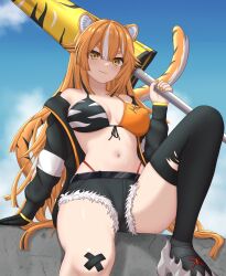 Rule 34 | 1girl, absurdres, animal ears, arm support, asymmetrical legwear, bandage on knee, beach umbrella, bikini, bikini under clothes, black hair, black thighhighs, breasts, cloud, cloudy sky, concrete wall, cutoffs, day, denim, denim shorts, front-tie bikini top, front-tie top, halterneck, highleg, highleg bikini, highres, holding, holding umbrella, indie virtual youtuber, jacket, large breasts, leg up, long hair, long sleeves, looking at viewer, multicolored hair, nail polish, navel, open clothes, open jacket, orange eyes, orange hair, original, outdoors, shoes, short shorts, shorts, single thighhigh, sitting on wall, sky, smile, solo, streaked hair, swimsuit, tail, tenko (winged assessin), thick eyebrows, thighhighs, tiger ears, tiger girl, tiger tail, torn clothes, torn shorts, torn thighhighs, umbrella, virtual youtuber, white hair