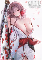1girl absurdres areola_slip bare_shoulders bottle breasts brown_eyes choko_(cup) cleavage collarbone copyright_name cup flower goddess_of_victory:_nikke grey_hair hair_flower hair_intakes hair_ornament hairband highres inging823 japanese_clothes katana kimono large_breasts looking_at_viewer lying obi official_alternate_costume on_side red_flower red_hairband red_nails red_petals red_rose rose sake_bottle sash scarlet_(black_shadow)_(longing_flower)_(nikke) scarlet_(nikke) sheath sheathed solo sweat sword weapon white_kimono