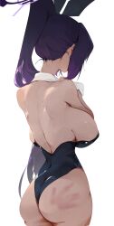 1girl absurdres animal_ears back bad_id bad_twitter_id black_leotard blue_archive breasts dark-skinned_female dark_skin detached_collar dokshuri earrings facing_away fake_animal_ears from_behind halo handprint highres jewelry karin_(blue_archive) karin_(bunny)_(blue_archive) large_breasts leotard long_hair nape official_alternate_costume sideboob slap_mark solo very_long_hair wrist_cuffs