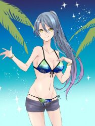 1girl bad_anatomy bikini blue_hair bracelet breasts cleavage coconut denim denim_shorts double-parted_bangs eiyuu_densetsu hair_between_eyes hajimari_no_kiseki jewelry laura_s._arseid long_hair looking_at_viewer medium_breasts natsumikan_(hom08e) navel night night_sky outdoors ponytail sen_no_kiseki_(series) shorts sky smile solo star_(sky) starry_sky swimsuit upper_body yellow_eyes