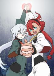 2girls ahoge aqua_eyes black_hairband closed_mouth grey_eyes grey_hair gundam gundam_suisei_no_majo hair_between_eyes hairband heart interlocked_fingers kishida_shiki long_hair looking_at_viewer low_ponytail miorine_rembran multiple_girls open_mouth ponytail red_hair school_uniform sekiha_love-love_tenkyoken suletta_mercury swept_bangs symmetrical_hand_pose thick_eyebrows