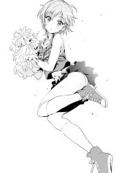 10s 1girl anastasia_(idolmaster) cheerleader clothes_writing crop_top female_focus from_side greyscale idolmaster idolmaster_cinderella_girls kneehighs mebae midriff monochrome navel panties pantyshot pom_pom_(cheerleading) shoes short_hair simple_background skirt sneakers socks solo standing sweat underwear upskirt