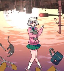 Rule 34 | 1girl, absurdres, bandaged head, bandages, black horns, blonde hair, blunt bangs, cat, cellphone, collared shirt, crossed knees, eyepatch, floating, floating animal, floating bag, floating chair, full body, green eyes, green neckerchief, green skirt, highres, horns, jeniferl, kneehighs, lamppost, long sleeves, looking at viewer, miniskirt, neckerchief, phone, phone eyepatch, pink shoes, pink sweater, pleated skirt, puffy sleeves, ruru (shinsei kamattechan), shinsei kamattechan, shirt, shoes, short hair, signature, single horn, skirt, sleeves past wrists, smile, sneakers, socks, stuffed animal, stuffed mouse, stuffed toy, sunset, sweater, thighs, upside-down, waving, white shirt, white socks