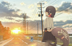 1girl 1other absurdres arms_behind_back black_hair black_pantyhose black_skirt blush candy closed_mouth cloud cloudy_sky ellen_joe ellen_joe_(on_campus) fins fish_tail food hair_ornament highres holding holding_candy holding_food holding_lollipop lollipop looking_at_viewer looking_back pantyhose red_eyes red_hair road school_uniform shark_girl shark_tail sharkboo_(zenless_zone_zero) short_hair skirt sky smile standing sunset tail tree uni_c4t x_hair_ornament zenless_zone_zero
