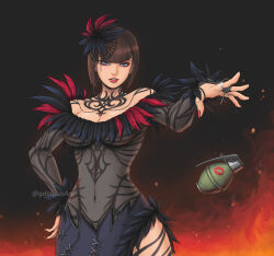 Rule 34 | 1girl, anna williams, aqua eyes, bare shoulders, black background, black bridal gauntlets, blunt bangs, bob cut, breasts, bridal gauntlets, brown hair, cleavage, dress, explosive, fascinator, feather-trimmed dress, feather-trimmed sleeves, fire, geoffrey daigon, grenade, hand on own hip, highres, kiss, large breasts, lipstick mark, looking at viewer, red lips, see-through bridal gauntlets, see-through clothes, see-through sleeves, short dress, short hair, simple background, solo, tekken, tekken 7, twitter username, upper body