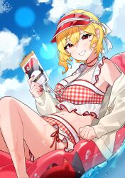 Rule 34 | 1girl, absurdres, bare shoulders, bikini, blonde hair, blue sky, blush, breasts, cellphone, cloud, commentary request, day, drawstring, dutch angle, grin, hair between eyes, hayate fish, highres, hololive, hololive indonesia, hood, hood down, hooded jacket, innertube, jacket, kaela kovalskia, long sleeves, looking at viewer, medium breasts, navel, off shoulder, open clothes, open jacket, outdoors, phone, plaid bikini, plaid clothes, puffy long sleeves, puffy sleeves, red bikini, red eyes, sky, sleeves past wrists, smile, solo, swim ring, swimsuit, virtual youtuber, visor cap, water, white jacket