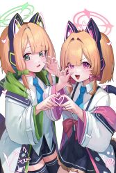 2girls :3 :d absurdres animal_ear_headphones animal_ears black_jacket black_shorts black_skirt black_tail black_thighhighs blonde_hair blue_archive blue_necktie blunt_bangs blush bow buttons cat_ear_headphones cat_ears cat_tail claw_pose collared_shirt cowboy_shot drawn_ears drawn_heart drawn_nose drawn_whiskers fake_animal_ears fake_tail fang four-finger_heart_hands frilled_jacket frilled_skirt frills green_bow green_eyes green_halo green_jacket hair_bow hair_intakes halo hand_up hashtag-only_commentary headphones heart heart_hands heart_hands_duo heart_in_heart_hands highres hood hood_down hooded_jacket jacket kraken_mikan long_sleeves looking_at_viewer low-tied_sidelocks midori_(blue_archive) miniskirt momoi_(blue_archive) multicolored_jacket multiple_girls necktie off_shoulder open_clothes open_jacket open_mouth parted_bangs pink_eyes pink_halo pleated_skirt red_bow school_uniform shirt short_hair short_shorts shorts siblings sidelocks simple_background sisters skirt smile suspender_skirt suspenders tail teeth thighhighs twins unbuttoned unbuttoned_jacket untucked_shirt upper_teeth_only v-shaped_eyebrows white_background white_jacket white_shirt wide_sleeves wing_collar
