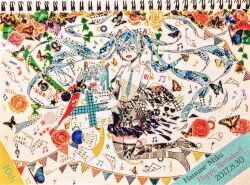 1girl 2017 :o abstract anniversary aqua_hair aqua_necktie asagi_kino bare_shoulders bass_clef beamed_eighth_notes black_boots black_skirt black_sleeves boots bug bunting butterfly character_name chibi collared_shirt commentary_request dated eighth_note eighth_rest flat_sign floating_hair flower gift hair_between_eyes hair_ornament happy_birthday hatsune_miku highres holding holding_gift insect leaf masking_tape_(medium) midair mixed_media musical_note musical_staff necktie open_mouth paper plant quarter_note quarter_rest rose scan sharp_sign shirt shoulder_tattoo sidelocks skirt sleeveless sleeveless_shirt snowflakes tattoo thigh_boots too_many traditional_media twintails unconventional_media vocaloid white_shirt