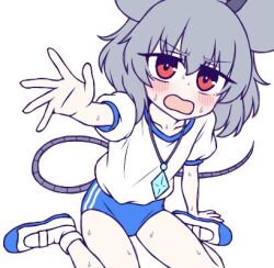 1girl animal_ears blue_buruma blush buruma commentary crystal full_body grey_hair gym_shirt gym_uniform jewelry ketsumaimo looking_at_viewer lowres mouse_ears mouse_girl mouse_tail nazrin necklace open_mouth pendant reaching reaching_towards_viewer red_eyes shirt shoes short_hair simple_background solo tail touhou white_background white_shirt white_shoes