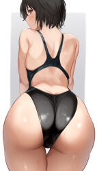 1girl amagami ass ass_focus back bare_shoulders black_eyes black_hair black_one-piece_swimsuit blush bob_cut brown_eyes commentary competition_swimsuit from_behind highleg highleg_one-piece_swimsuit highres leaning_forward looking_at_viewer looking_back nanasaki_ai one-piece_swimsuit open_mouth serizawa_(serizawaroom) short_hair shoulder_blades solo swimsuit two-tone_one-piece_swimsuit two-tone_swimsuit wet