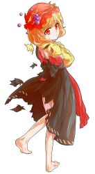 1girl aki_minoriko alphes_(style) apron barefoot blonde_hair commentary_request dairi defeat food fruit full_body grapes hat long_sleeves looking_at_viewer neck_ribbon parody red_eyes ribbon ringed_eyes shirt short_hair skirt solo style_parody tachi-e tears touhou transparent_background wide_sleeves
