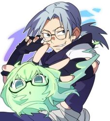 1boy 1girl bad_id bad_pixiv_id bidarian black_gloves black_shirt fingerless_gloves ghost ghost_tail gloves grey_hair grin long_hair looking_at_viewer naruto_(series) naruto_shippuuden ninja round_eyewear semi-rimless_eyewear shirt simple_background smile teeth white_background yakushi_kabuto yakushi_nonou