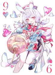 Rule 34 | 1girl, absurdres, animal ears, aqua dress, bow, bowtie, card, cocoballking, commentary, dress, foot out of frame, genshin impact, hat, heart, highres, holding, holding syringe, long hair, long sleeves, looking at viewer, low twintails, nine of hearts, nurse cap, open mouth, oversized object, playing card, purple hair, red bow, red bowtie, red eyes, sigewinne (genshin impact), solo, syringe, teeth, twintails, upper teeth only, white hat