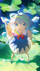 1girl :d absurdres ahoge blue_bow blue_dress blue_eyes blue_hair blue_shoes bow cirno crystal detached_wings dress full_body hair_bow hako_(misheyes) highres holding holding_crystal ice ice_wings lily_pad open_mouth outdoors pinafore_dress puffy_short_sleeves puffy_sleeves shirt shoes short_hair short_sleeves sleeveless sleeveless_dress smile socks solo standing teeth touhou upper_teeth_only water water_drop white_shirt white_socks wings