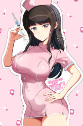 1girl absurdres black_hair breasts brown_eyes girls_und_panzer hand_on_own_hip happy_birthday hat highres holding kumaisao large_breasts looking_at_viewer mature_female nishizumi_shiho nurse simple_background smile solo standing syringe