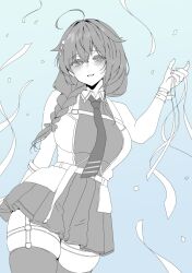 1girl ahoge aqua_background braid confetti cowboy_shot fingerless_gloves gloves hair_flaps hair_over_shoulder highres kantai_collection kokutou_(goto123kokutoh) long_hair necktie pleated_skirt shigure_(kancolle) shigure_kai_san_(kancolle) shirt single_braid skindentation skirt sleeveless sleeveless_shirt solo spot_color thighhighs two-tone_shirt