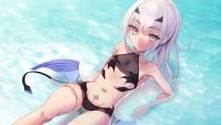 Rule 34 | 1girl, bare shoulders, bikini, black bikini, breasts, dragon wings, fate/grand order, fate (series), forked eyebrows, high ponytail, highres, jewelry, long hair, looking at viewer, melusine (fate), melusine (swimsuit ruler) (fate), melusine (swimsuit ruler) (first ascension) (fate), morokoshi (tekku), navel, ponytail, shore, sidelocks, small breasts, smile, solo, stomach tattoo, swimsuit, tail, tattoo, thighlet, thighs, white hair, wings, yellow eyes