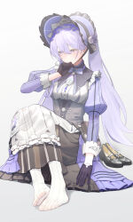1girl absurdres black_dress black_gloves black_shoes black_skirt blush bodice bonnet bow bowtie breasts closed_mouth commentary dress full_body gloves grey_background hand_up highres juliet_sleeves kabanoki knees_up long_hair long_skirt long_sleeves looking_to_the_side maid medium_breasts no_shoes puffy_sleeves purple_bonnet purple_bow purple_bowtie purple_dress purple_eyes purple_hair rosemary_(wuthering_waves) shoes simple_background sitting skirt socks solo toes unworn_shoes very_long_hair white_socks wuthering_waves