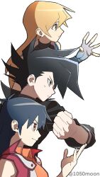 1boy 2girls black_eyes black_hair blonde_hair blue_gloves blue_hair brown_eyes clenched_hand closed_mouth duel_academy_uniform_(yu-gi-oh!_gx) fingerless_gloves from_side gloves highres long_hair manjoume_jun multiple_girls red_eyes saotome_rei shimizugawa smile sweatdrop tenjouin_asuka twitter_username white_background yu-gi-oh! yu-gi-oh!_gx