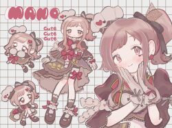 Rule 34 | 1girl, :o, asymmetrical sleeves, black bow, black dress, black shoes, blush stickers, bow, brown socks, chibi, dress, english text, flipped hair, grid background, hair bow, half-skirt, hanamori rika, hands on own cheeks, hands on own face, hat, heart sticker, highres, idolmaster, idolmaster shiny colors, juliet sleeves, light blush, long sleeves, mary janes, mismatched sleeves, multiple views, popped collar, puffy sleeves, red bow, sakuragi mano, shoes, side ponytail, sidelocks, smile, socks, solo, swept bangs, twitter username, white background, white hat, yellow bow