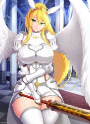 1girl animal_ears arch armor armored_dress artoria_pendragon_(fate) artoria_pendragon_(lancer)_(fate) blurry blurry_background braid breasts brown_gloves carpet column dress fate/grand_order fate_(series) faulds female_focus french_braid gauntlets gloves green_eyes high_ponytail holding holding_sword holding_weapon kainkout large_breasts long_hair pauldrons pillar ponytail rabbit_ears senran_kagura shoulder_armor sitting skirt smile solo spauders sword thighhighs tile_floor tiles weapon white_skirt