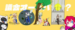&gt;_&lt; 6+girls ? ahoge animal_ears antlers asymmetrical_legwear bag bare_legs bare_shoulders bird black_leggings blonde_hair bloom_(irys) blue_eyes blue_hair boros_(ouro_kronii) bow braid branch bread breasts brown_capelet brown_cloak brown_corset brown_eyes brown_hair capelet ceres_fauna chain chain_headband cinder_block cloak collar commentary corset crushing dark-skinned_female dark_skin detached_sleeves dog dress elbow_gloves english_commentary feather_hair_ornament feathers floating flower flute food friend_(nanashi_mumei) gloom_(irys) gloves green_hair hair_flower hair_intakes hair_ornament hakos_baelz heterochromia high_heels highres holding holding_flute holding_instrument holocouncil hololive hololive_english horns instrument irys_(hololive) kyoufuu_all_back_(vocaloid) large_breasts leggings limiter_(tsukumo_sana) long_hair long_sleeves manhole_cover mismatched_legwear mole mole_under_eye mouse_ears mouse_girl mouse_tail mr._squeaks_(hakos_baelz) multicolored_hair multiple_girls nanashi_mumei nanashi_mumei_(1st_costume) nemu_(ceres_fauna) ouro_kronii owl paper_bag planet_hair_ornament pointy_ears purple_hair recorder red_eyes red_hair sanallite_(tsukumo_sana) simple_background snake spiked_collar spikes streaked_hair tail tail_bow tail_ornament taka_t tree triangle_(instrument) triangle_mouth tsukumo_sana twintails very_long_hair virtual_youtuber white_gloves white_hair yellow_background yellow_eyes
