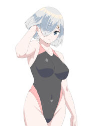 Rule 34 | 1girl, 30-06, barefoot, black one-piece swimsuit, blue eyes, breasts, competition swimsuit, covered navel, cowboy shot, grey hair, hair ornament, hair over one eye, hairclip, hamakaze (kancolle), highres, kantai collection, kneehighs, large breasts, looking at viewer, one-piece swimsuit, short hair, simple background, socks, solo, standing, swimsuit, two-tone swimsuit, white background