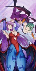 2girls absurdres alex_dos_diaz alternate_color animal_print bare_shoulders bat_print bat_wings black_leotard blue_pantyhose breasts bridal_gauntlets capcom cleavage clothing_cutout darkstalkers demon_girl flat_chest fur-trimmed_leotard fur_trim green_eyes green_hair head_wings heart_cutout highleg highleg_leotard highres large_breasts leotard lilith_(darkstalkers) long_hair looking_at_viewer morrigan_aensland multiple_girls off-shoulder_leotard pantyhose print_pantyhose purple_hair purple_pantyhose purple_wings red_eyes red_leotard short_hair smile wings