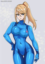 Rule 34 | 1girl, arm at side, blonde hair, blue bodysuit, blue eyes, bodysuit, breasts, clenched hand, collarbone, covered navel, eyelashes, female focus, groin, hair between eyes, hand on own hip, hayato stuff, high ponytail, highres, large breasts, legs, long hair, metroid, mole, mole under mouth, nintendo, parted lips, ponytail, print bodysuit, samus aran, serious, sidelocks, skin tight, standing, swept bangs, thighs, turtleneck, turtleneck bodysuit, v-shaped eyebrows, zero suit