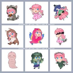 6+girls afterlife_smp ahoge alien animal_ears animification antennae bird_costume bird_tail blindfold blue_eyes blue_serafuku border chibi chibi_only colored_skin commentary cosplay double_bun dress eating elineyuhu english_commentary fake_animal_ears fake_tail flower food green_skin grey_border hair_bun highres holding holding_food hood hood_up kangaroo_costume kangaroo_ears kangaroo_tail kigurumi ldshadowlady ldshadowlady_(birb) ldshadowlady_(crawler) ldshadowlady_(enigma) ldshadowlady_(floran) ldshadowlady_(goolien) ldshadowlady_(kangaroo) ldshadowlady_(phantom) ldshadowlady_(raccoon) ldshadowlady_(zombie) long_hair minecraft minecraft_youtube multiple_girls multiple_persona one_eye_closed open_mouth pink_dress pink_hair raccoon_costume raccoon_ears raccoon_tail rotten_flesh school_uniform serafuku tail victorian watermark white_background worm zombie