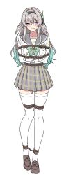 1girl absurdres arms_behind_back bdsm black_hairband bound bound_legs bow bowtie brown_shoes buttons commentary_request double-breasted firefly_(honkai:_star_rail) firefly_(spring_missive)_(honkai:_star_rail) full_body green_bow green_bowtie green_hair grey_hair grey_sailor_collar hairband highres honkai:_star_rail honkai_(series) loafers long_hair looking_at_viewer multicolored_hair official_alternate_costume plaid_bow plaid_bowtie plaid_clothes plaid_skirt pleated_skirt purple_eyes restrained rise_(rise19851203) sailor_collar school_uniform shirt shoes simple_background skirt solo standing thighhighs two-tone_hair white_background white_shirt white_thighhighs wince zettai_ryouiki