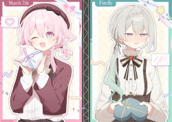 2girls absurdres alternate_costume blue_eyes box casual character_name commentary_request firefly_(honkai:_star_rail) gradient_hair green_hair grey_hair heart-shaped_box highres honkai:_star_rail honkai_(series) long_hair march_7th_(honkai:_star_rail) multicolored_eyes multicolored_hair multiple_girls one_eye_closed pink_eyes pink_hair pink_pupils smile two-tone_eyes uwasewau valentine
