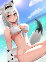 1girl absurdres ahoge animal_ear_fluff animal_ear_piercing animal_ears arms_behind_back bare_shoulders beach bikini black_hairband blue_sky blush braid breasts cleavage cloud fox_ears fox_girl fox_tail green_eyes hair_between_eyes hairband highres hololive large_breasts long_hair navel open_mouth pentagram shirakami_fubuki sky sohachi stomach swimsuit tail virtual_youtuber wet white_bikini