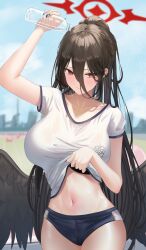 1girl absurdres black_buruma black_hair blue_archive blush bottle breasts buruma closed_mouth clothes_lift collarbone commentary hair_between_eyes halo hasumi_(blue_archive) hasumi_(track)_(blue_archive) highres holding holding_bottle large_breasts long_hair looking_at_viewer low_wings navel outdoors ponytail pouring pouring_onto_self raurashun red_eyes shirt shirt_lift short_sleeves solo track_and_field water water_bottle white_shirt wings
